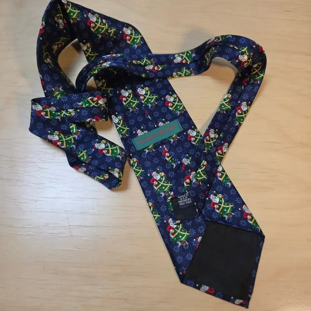 Vintage Jingle Bells Mens Silk Christmas Tie Navy Blue Santa Claus Necktie